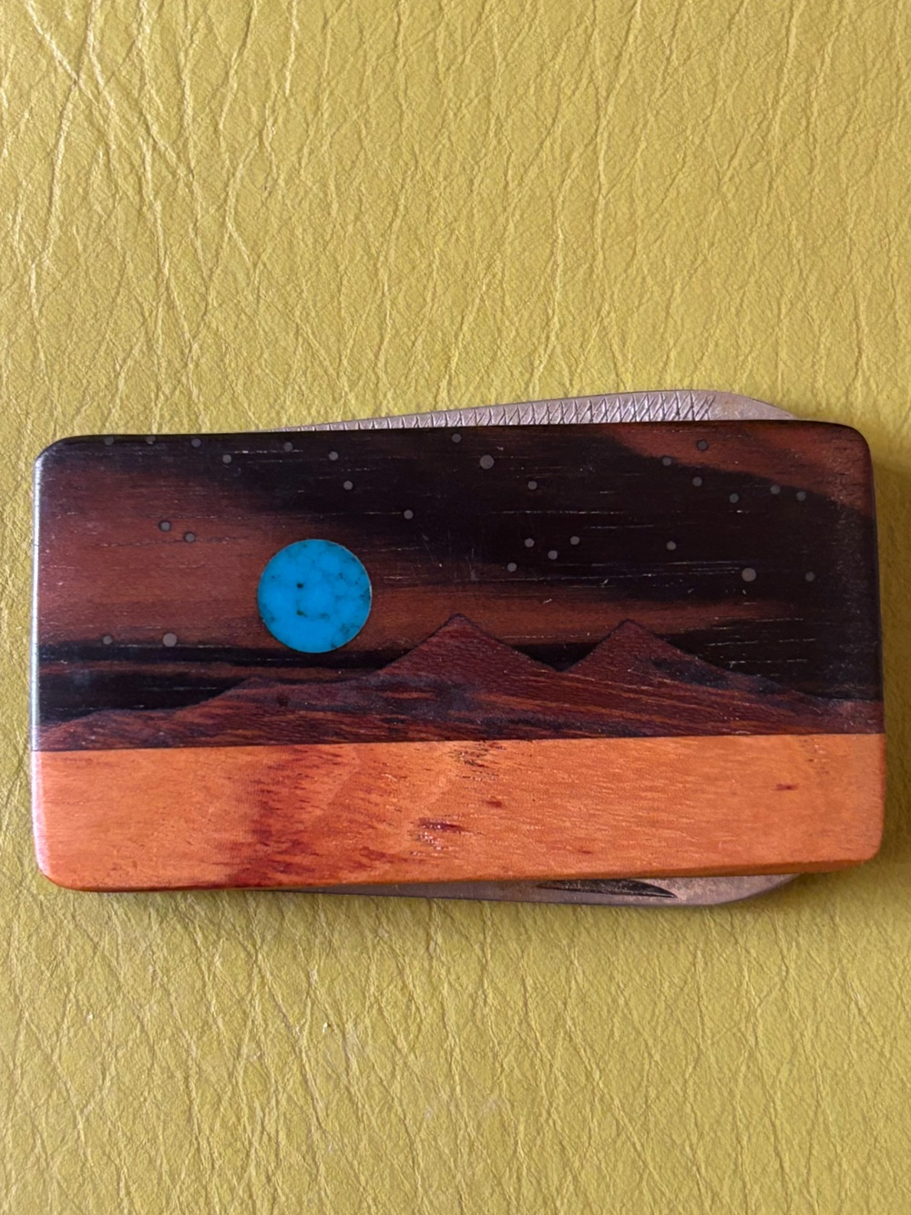 Vintage Anvil Pocket Knife Wood Inlay Turquoise Look Southwest Folding Multi
